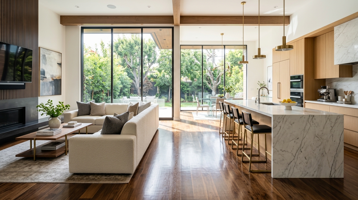 Pristine luxury living room and polished hardwood floor in Richmond VA